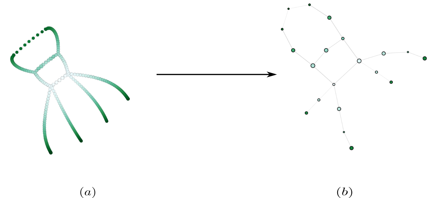 Illustration of coarsening a graph via the MOG algorithm. (a): Visualization of a graph and of a scalar function defined on it, which are used as inputs to the MOG algorithm. The scalar function is visualized by color-mapping its scalar values. (b): The resulting MOG graph. Notice how the MOG construction preserves the overall shape of the original graph.