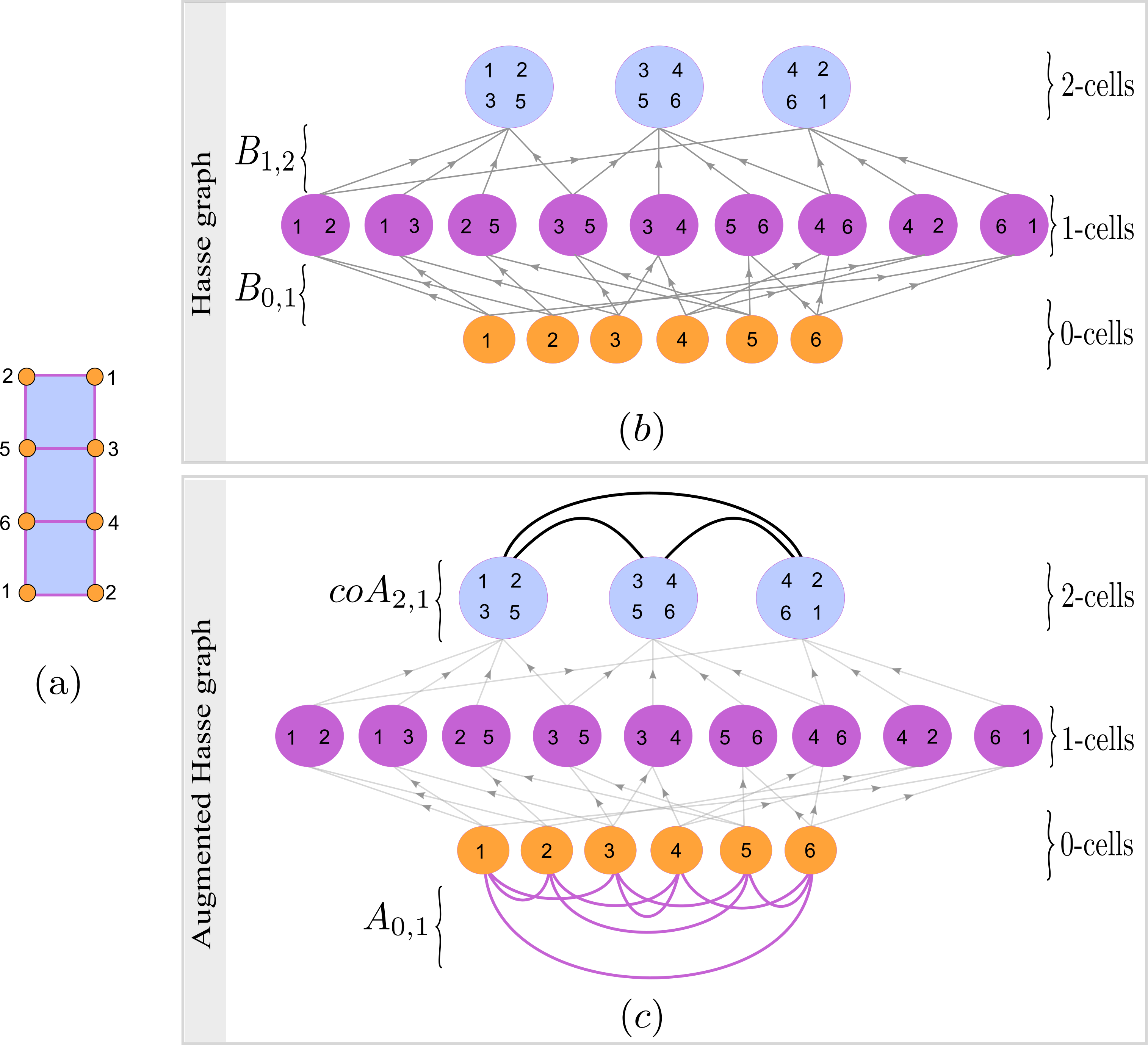 Example of the Hasse graph of a CC. (a): CC of a M"{o}bius strip. (b): Hasse graph of the CC, describing the poset structure between cells. (c): Hasse graph augmented with the edges defined via $A_{0,1}$ and $coA_{2,1}$.